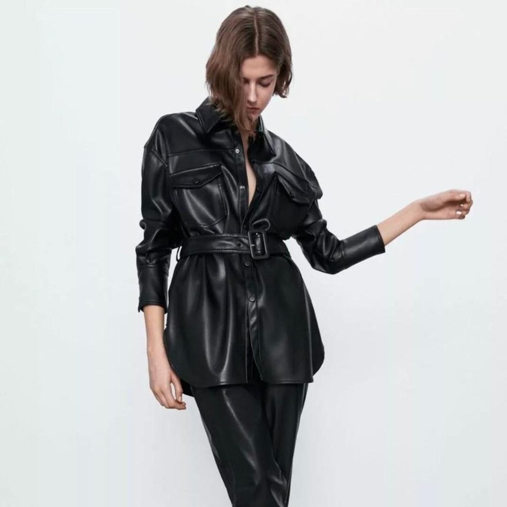 ZARA FAUX LEATHER BELTED OVERSHIRT